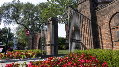 Class of 1882 Gate on the Old Queens campus during the summer