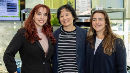 Jacqueline Skunakis (left), poses with Professor Yanhong Jin and fellow student Jess Dugo in Harvest, a cafe within the New Jersey Institute for Food, Nutrition and Health.