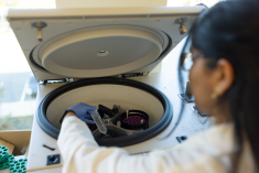 Lakshmi Pantula in the Sampath Lab opening a centrifuge